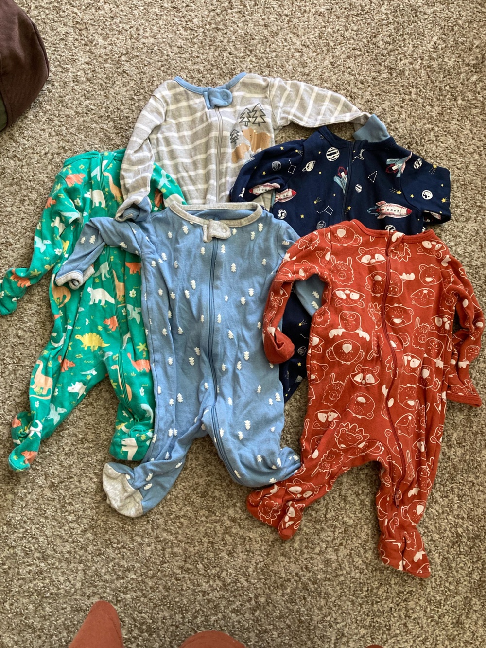 Assorted Kids One-Piece Sleepers - Blue, Green, Navy, Red, Gray Set